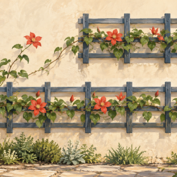 Two plant trellises begin at different points, so an early flower is outside the shorter one