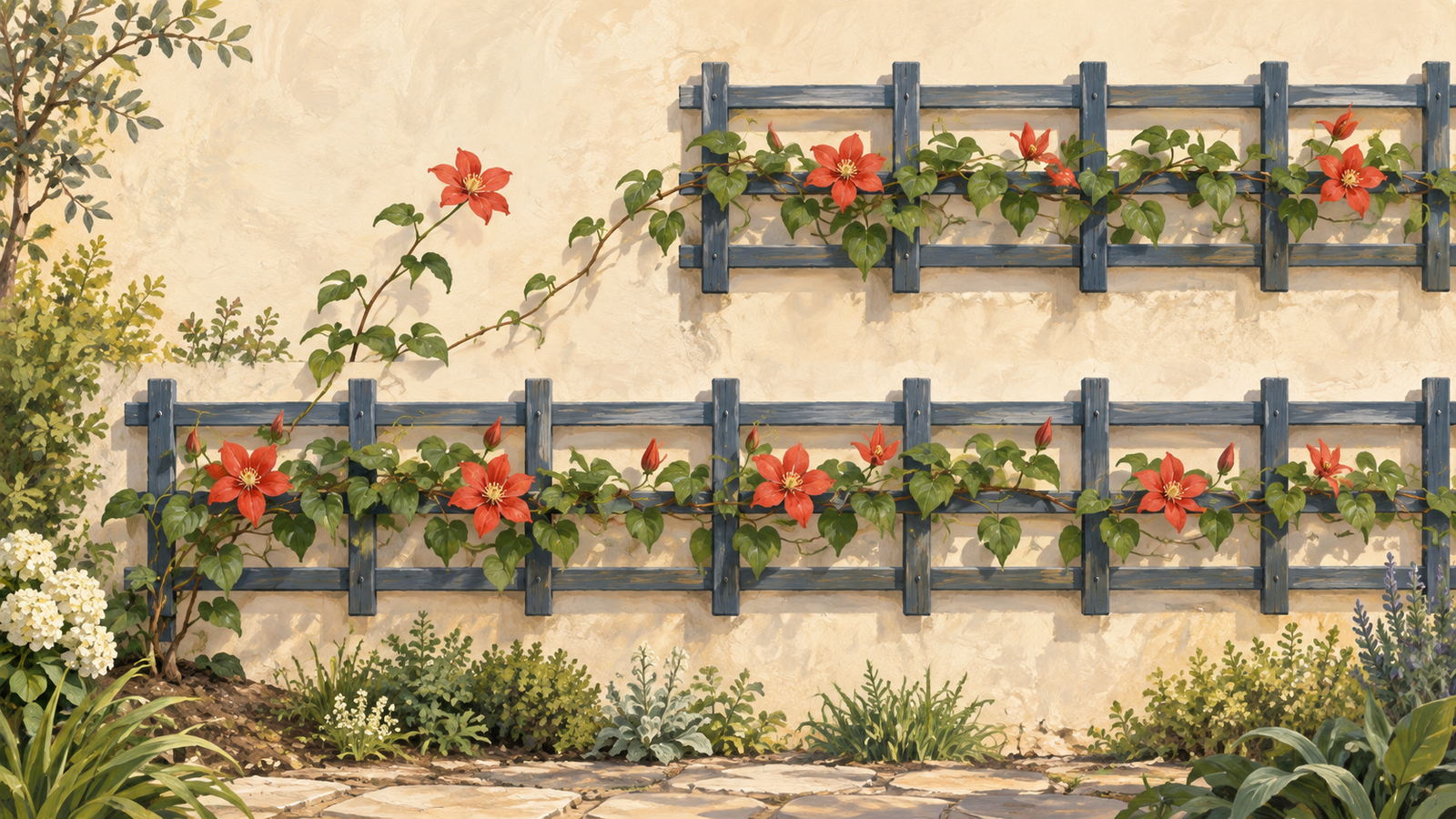 Two plant trellises begin at different points, so an early flower is outside the shorter one