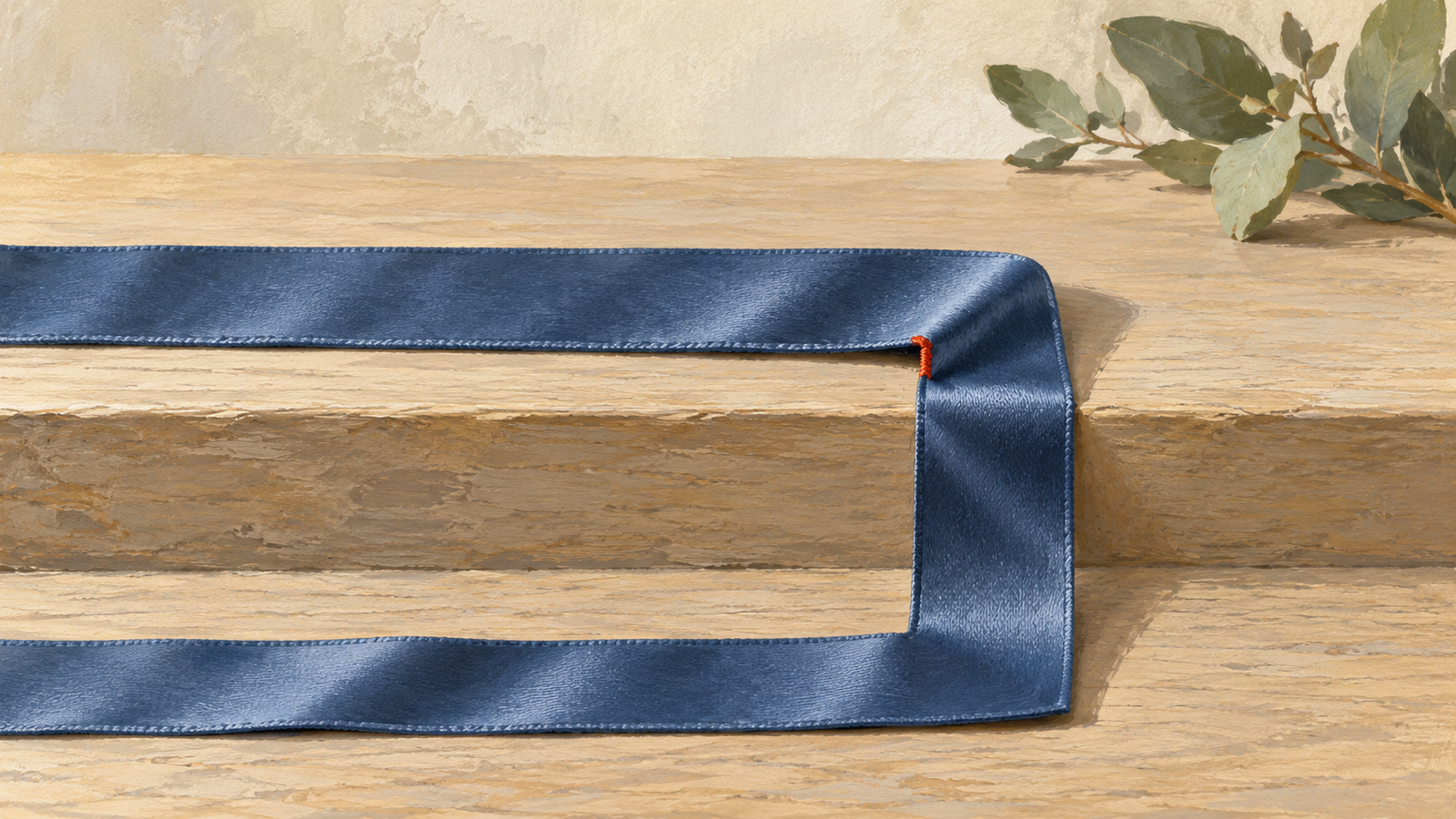 A slate blue fabric ribbon makes a physical fold onto a lower line