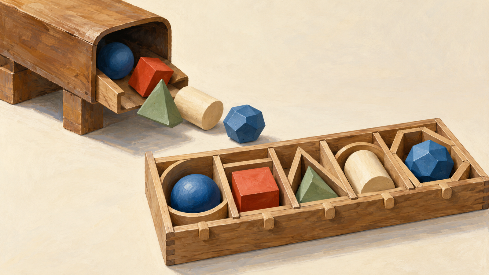 Unknown shapes emerge from a chute and are placed into an adjustable sorting frame