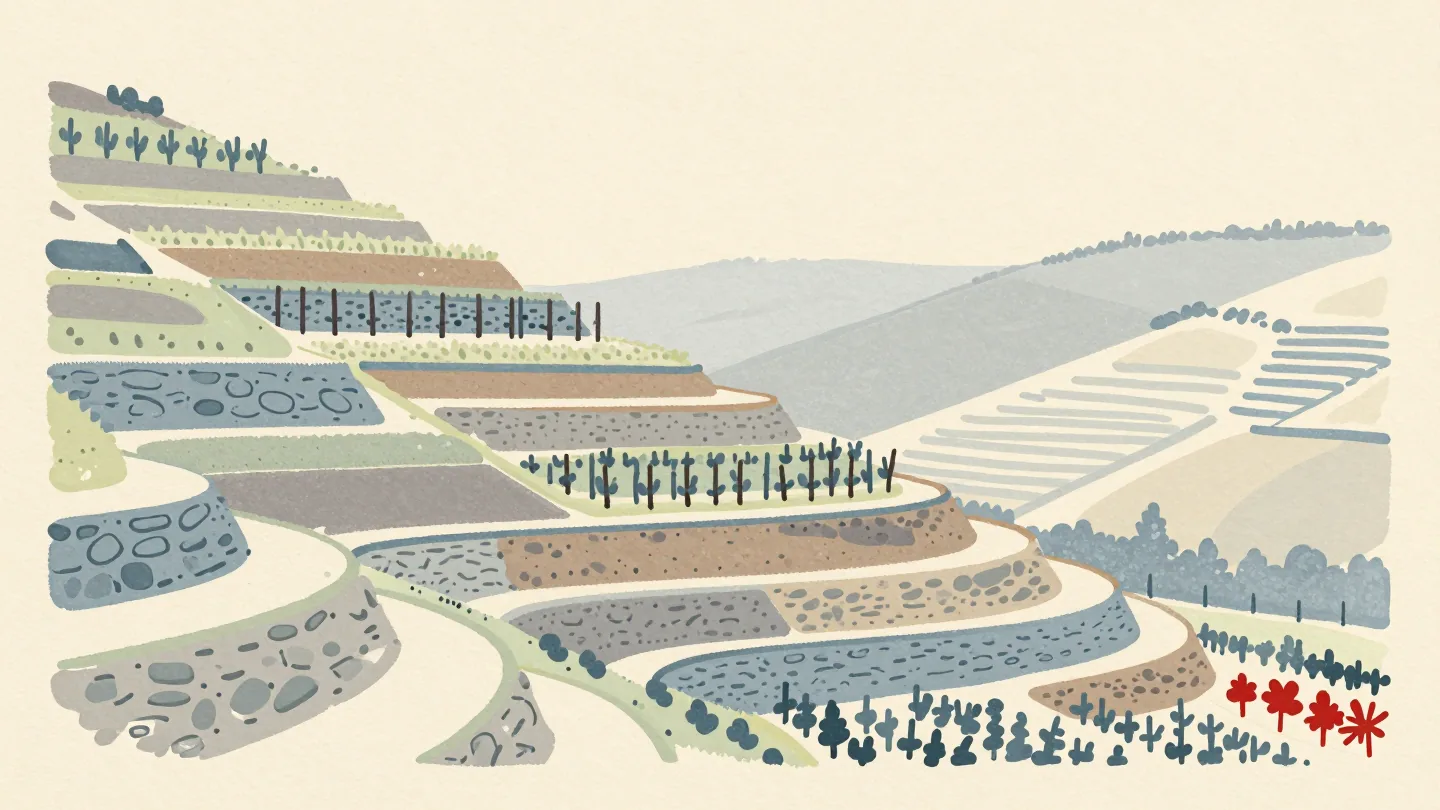 A terraced vineyard on a hillside, flat steps of different widths roughly following the slope
