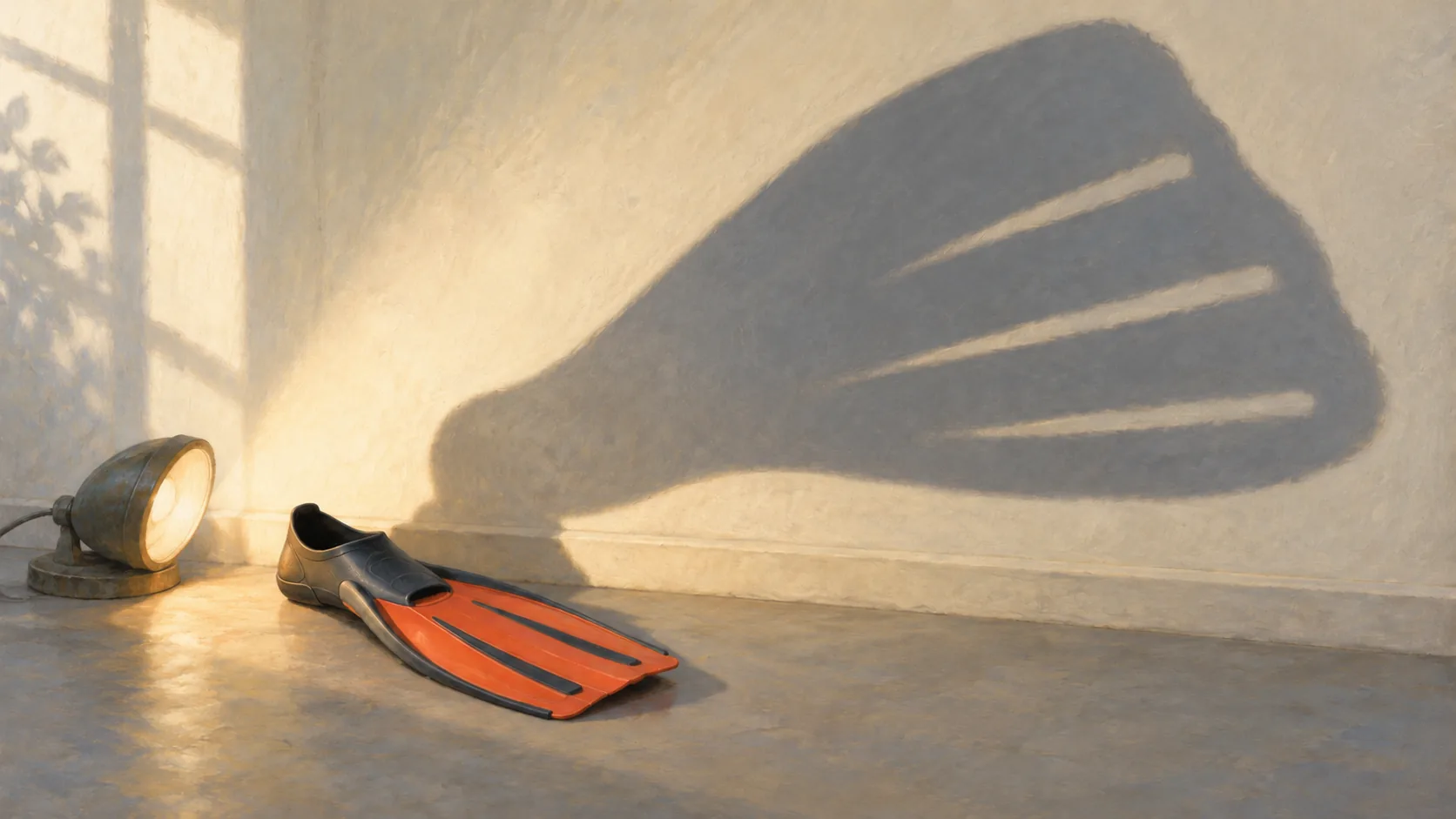 Small snorkeling fin casting an enlarged shadow on a cream wall