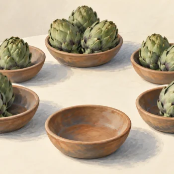 Artichokes grouped into clay pots with uneven numbers and an empty pot