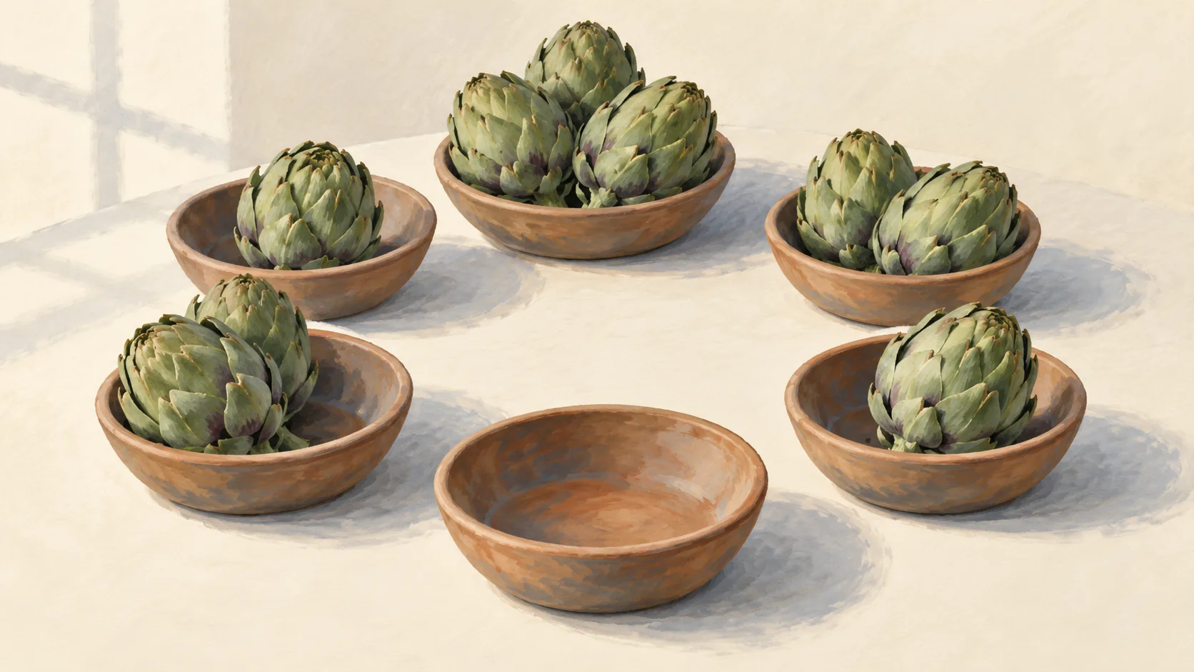 Artichokes grouped into clay pots with uneven numbers and an empty pot
