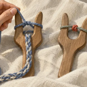 An active lucet making cord beside an idle lucet with its feed yarn knotted