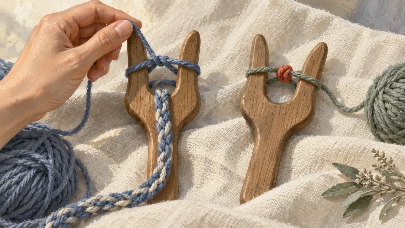 An active lucet making cord beside an idle lucet with its feed yarn knotted