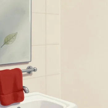 A steamy bathroom mirror with a fading fingertip leaf sketch, a red towel on the rail.