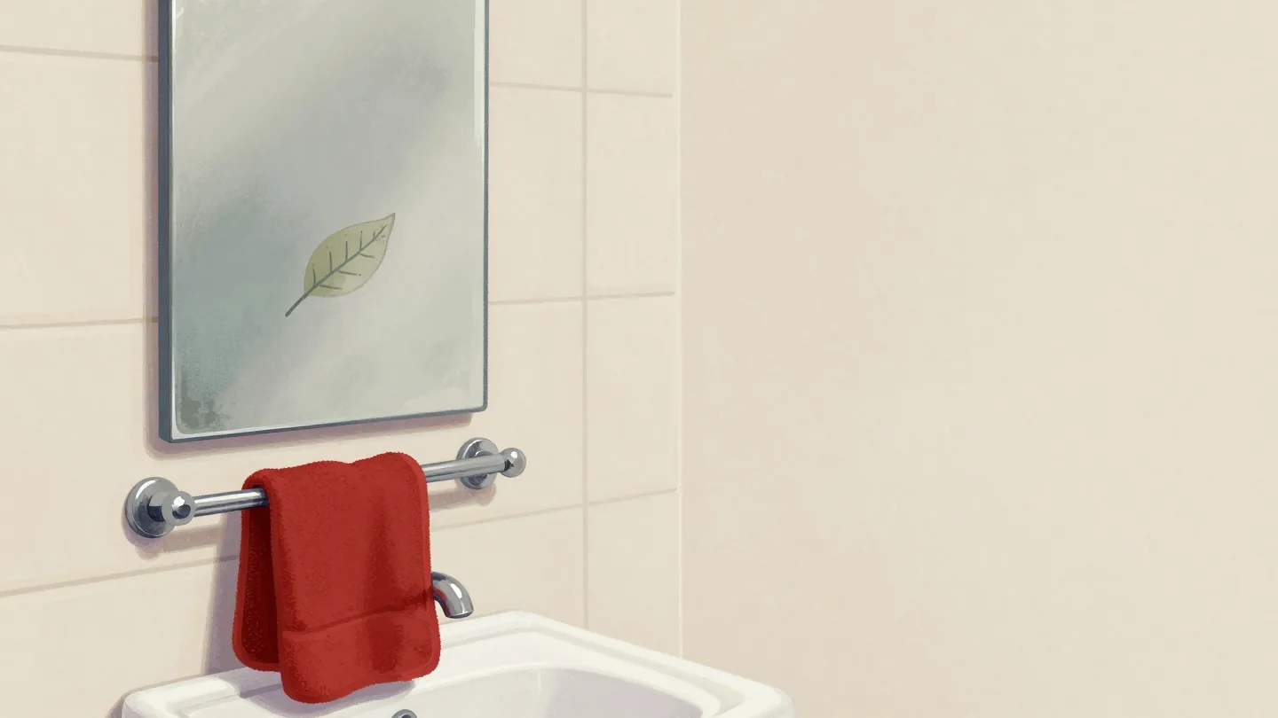 A steamy bathroom mirror with a fading fingertip leaf sketch, a red towel on the rail.