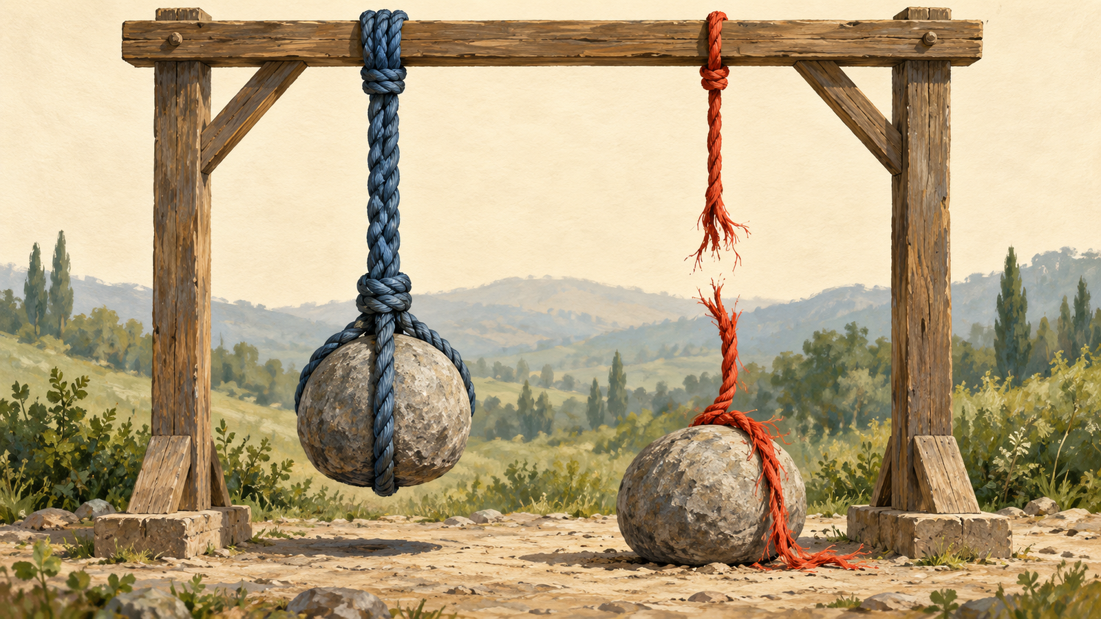 A strong rope holds its weight while a weak rope has broken under the same test