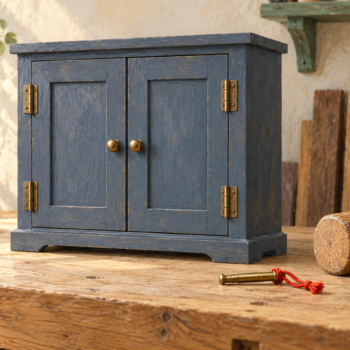 A closed workshop cabinet sits beside a loose hinge pin and wooden mallet