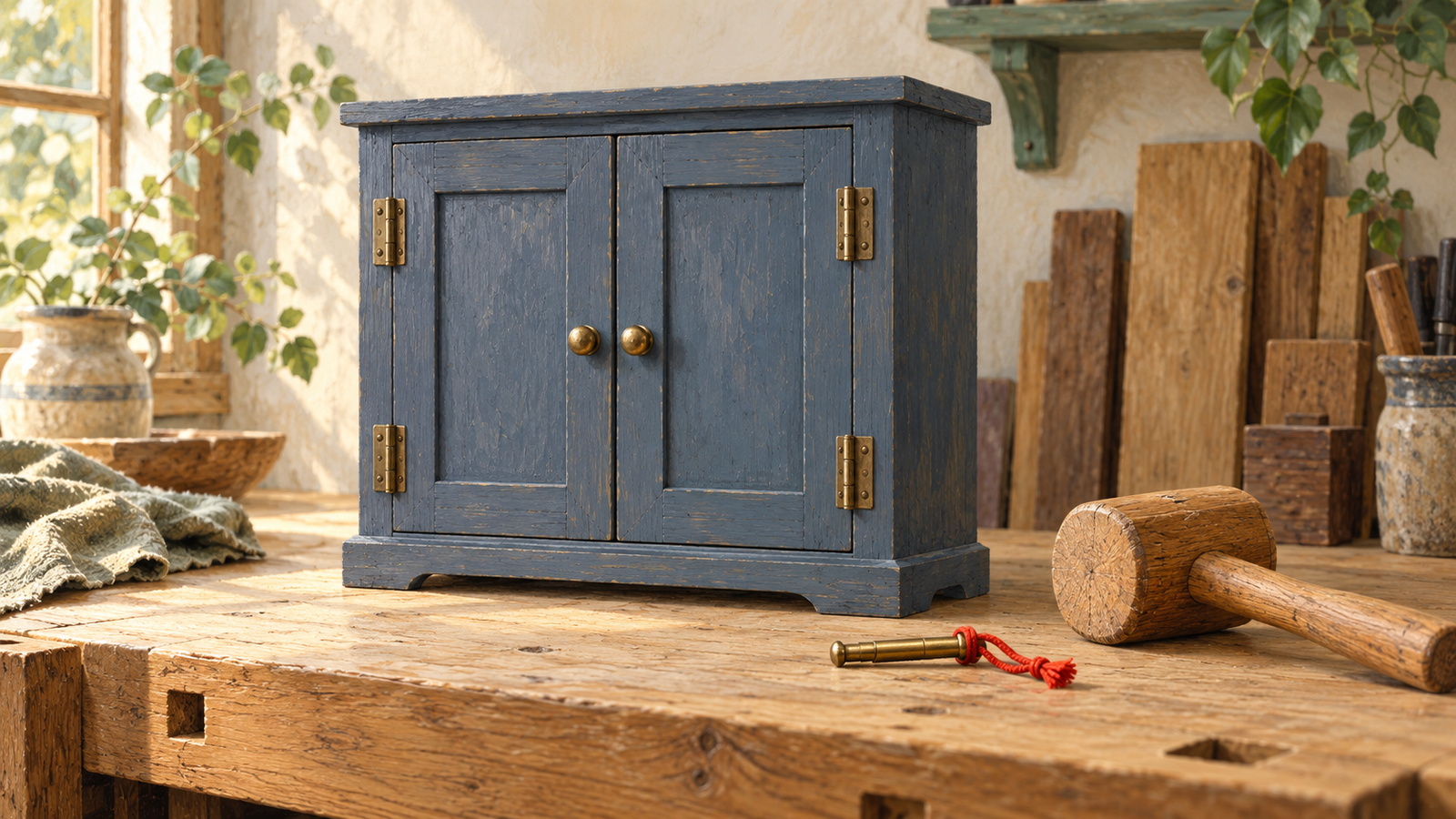 A closed workshop cabinet sits beside a loose hinge pin and wooden mallet