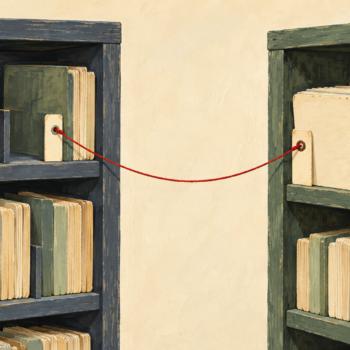 A thicker ledger card has moved to a second shelf, with a forwarding string left at its original slot