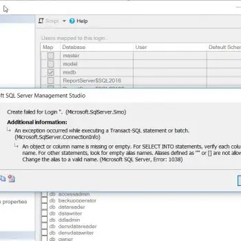 Sql server error message dialog.