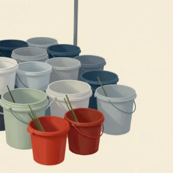 A market flower stall at closing time, a few buckets nearly empty and most still full