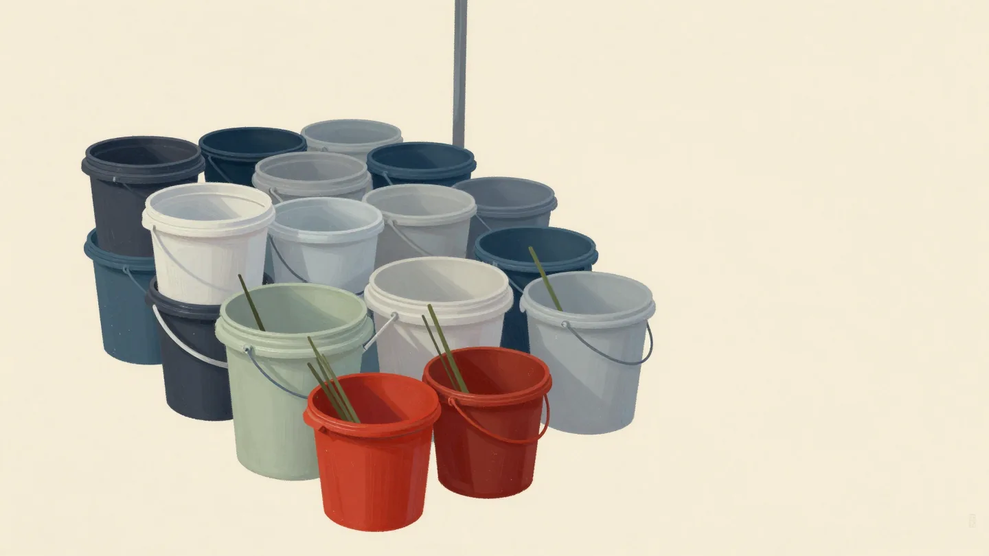 A market flower stall at closing time, a few buckets nearly empty and most still full