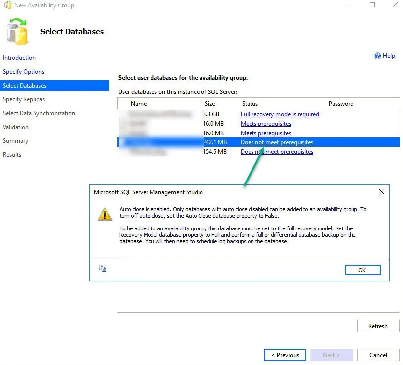 SQL Server management studio dialog.