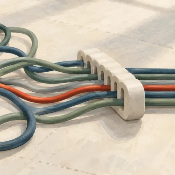 Loose cords entering a cable comb and leaving with consistent spacing