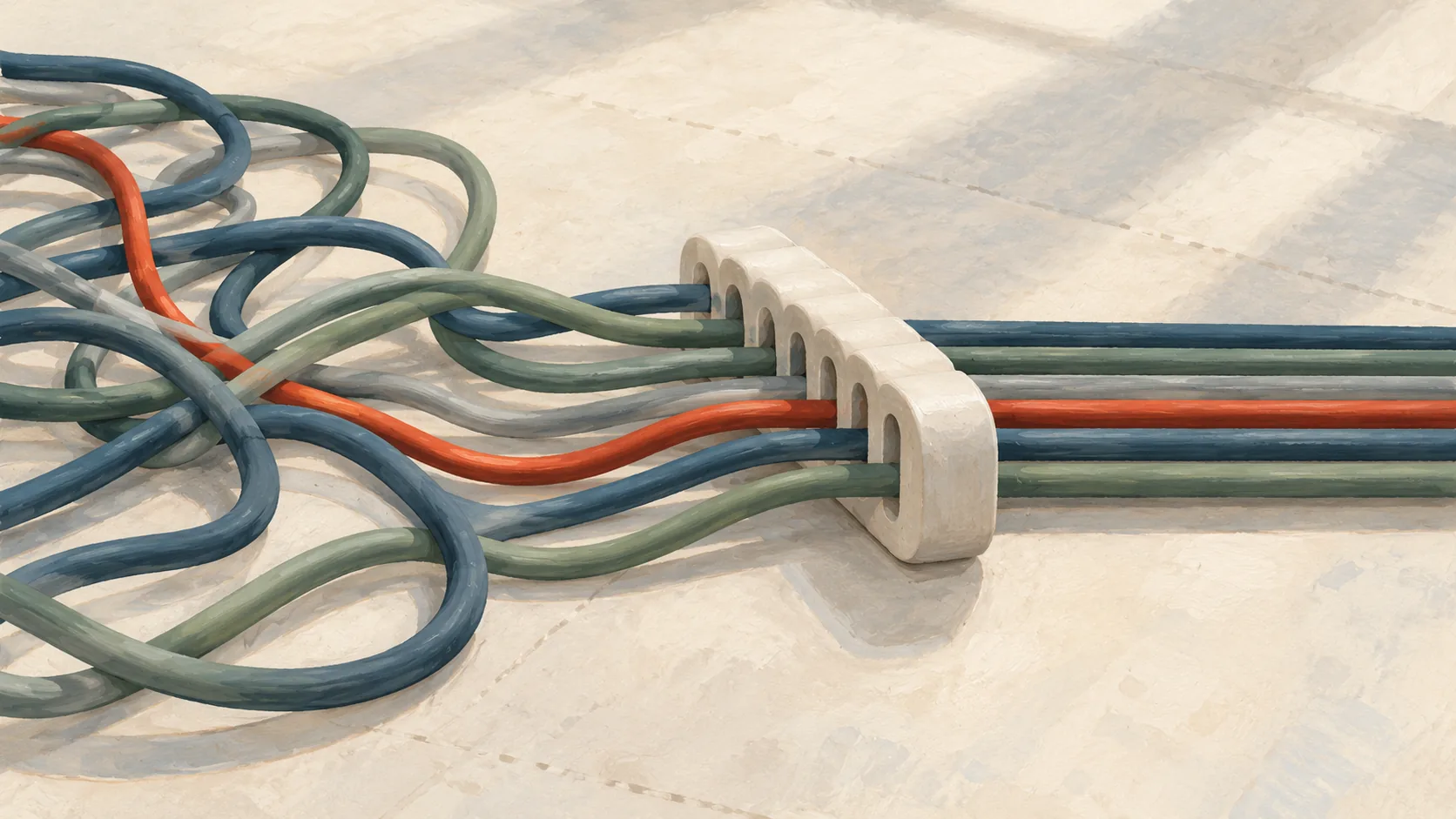 Loose cords entering a cable comb and leaving with consistent spacing