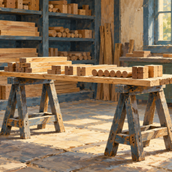 Temporary sawhorse staging surface in front of permanent workshop shelves