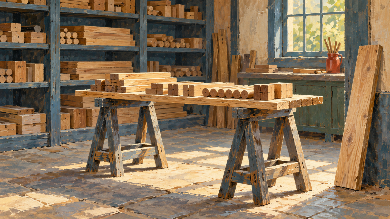 Temporary sawhorse staging surface in front of permanent workshop shelves