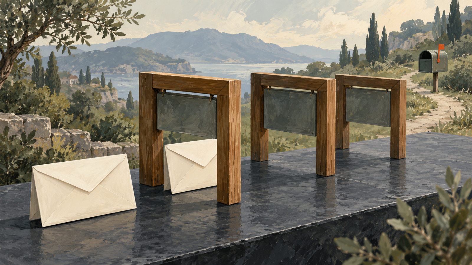 Blank envelopes pass simple sorting gates, while the mailbox remains farther away
