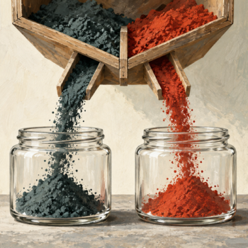 A divided chute sends two different pigments into separate jars in one operation