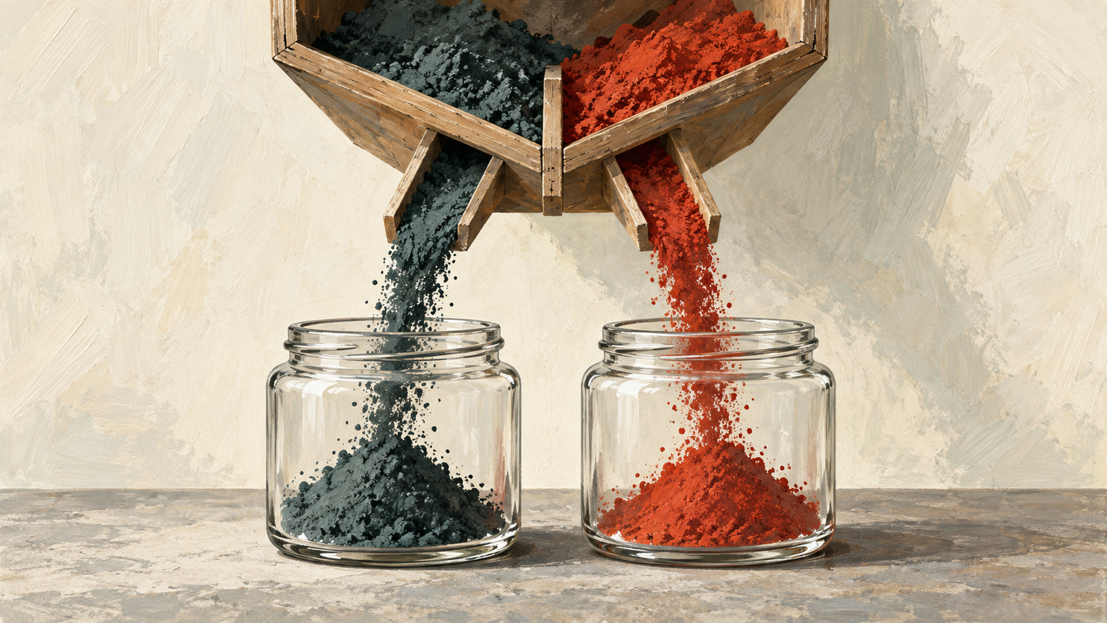 A divided chute sends two different pigments into separate jars in one operation