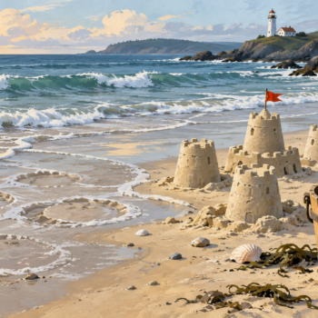 Some temporary sand structures remain while the tide erases others