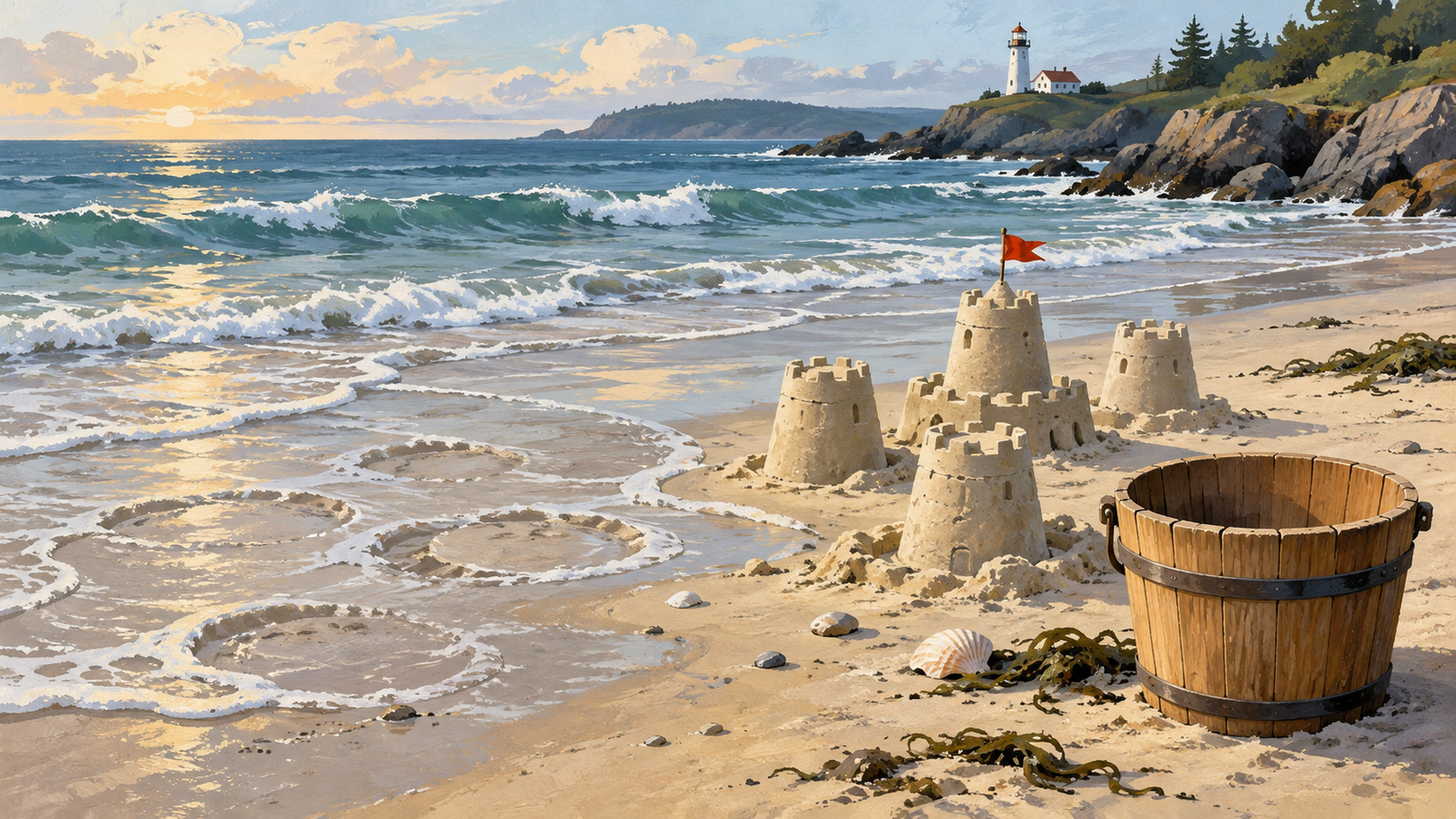 Some temporary sand structures remain while the tide erases others