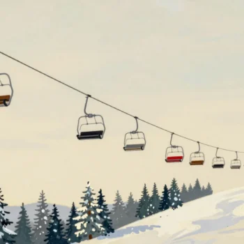 A chairlift of evenly spaced empty chairs climbing a snowy slope, with one gap where a chair is missing