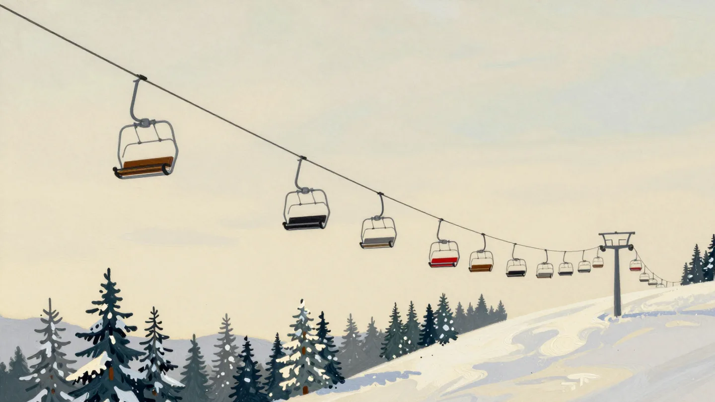 A chairlift of evenly spaced empty chairs climbing a snowy slope, with one gap where a chair is missing