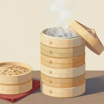 A stack of bamboo steamer baskets with one tier lifted out and steaming beside it.