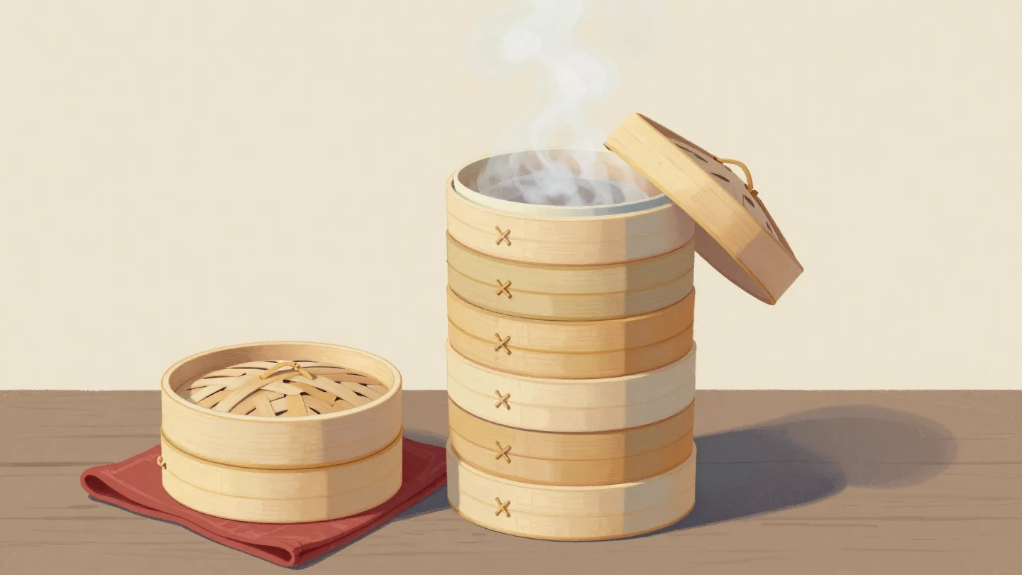 A stack of bamboo steamer baskets with one tier lifted out and steaming beside it.