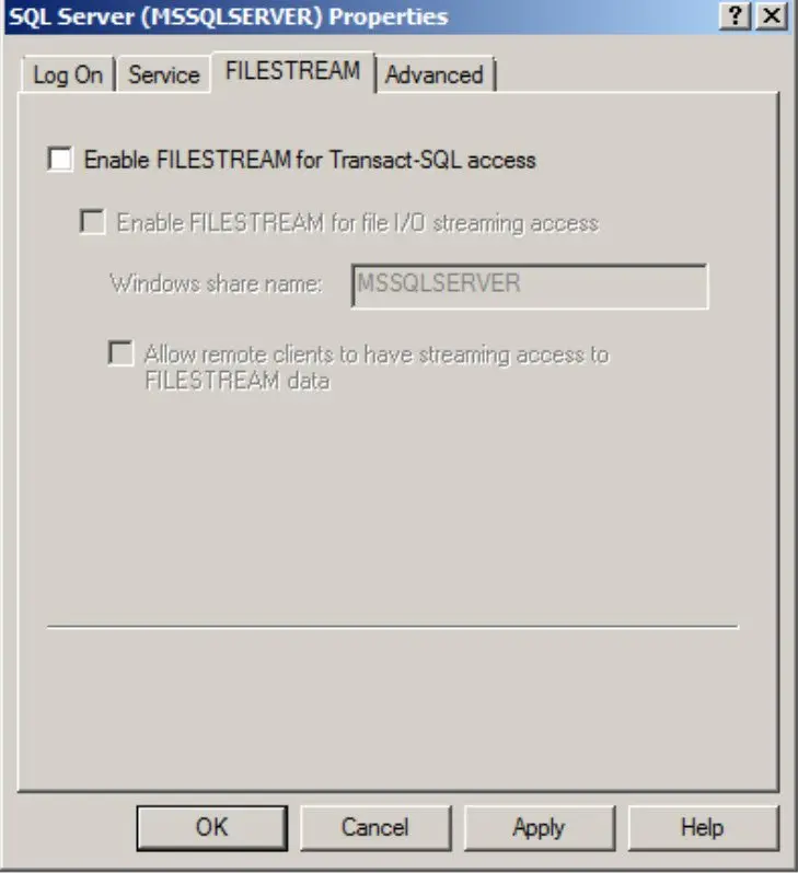 Enable FILESTREAM for Transact-SQL access.
