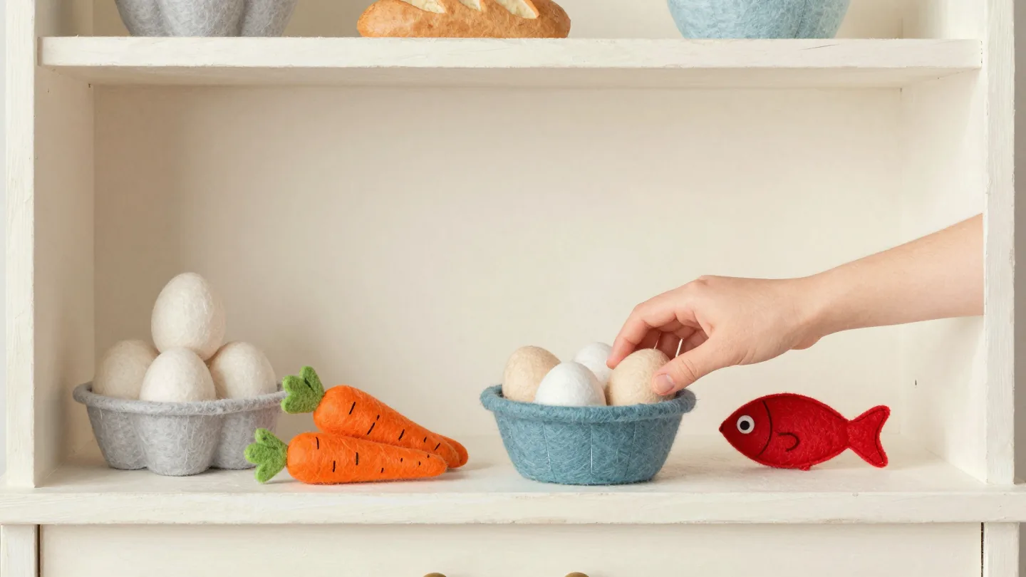 A play kitchen shelf stocked with handmade felt food, many eggs, fewer carrots and one red felt fish.