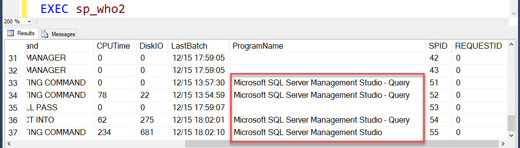 Original SSMS result with ProgramName and SPID columns identifying SSMS sessions