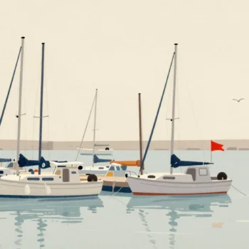 One marked boat is identifiable among several moored boats