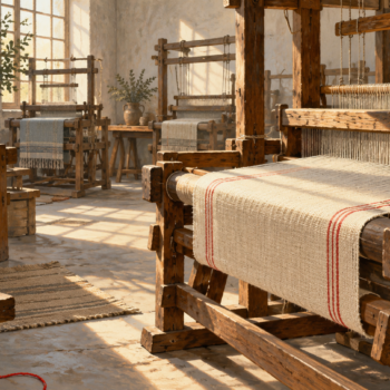 A still weaving loom continues to hold unfinished fabric under tension