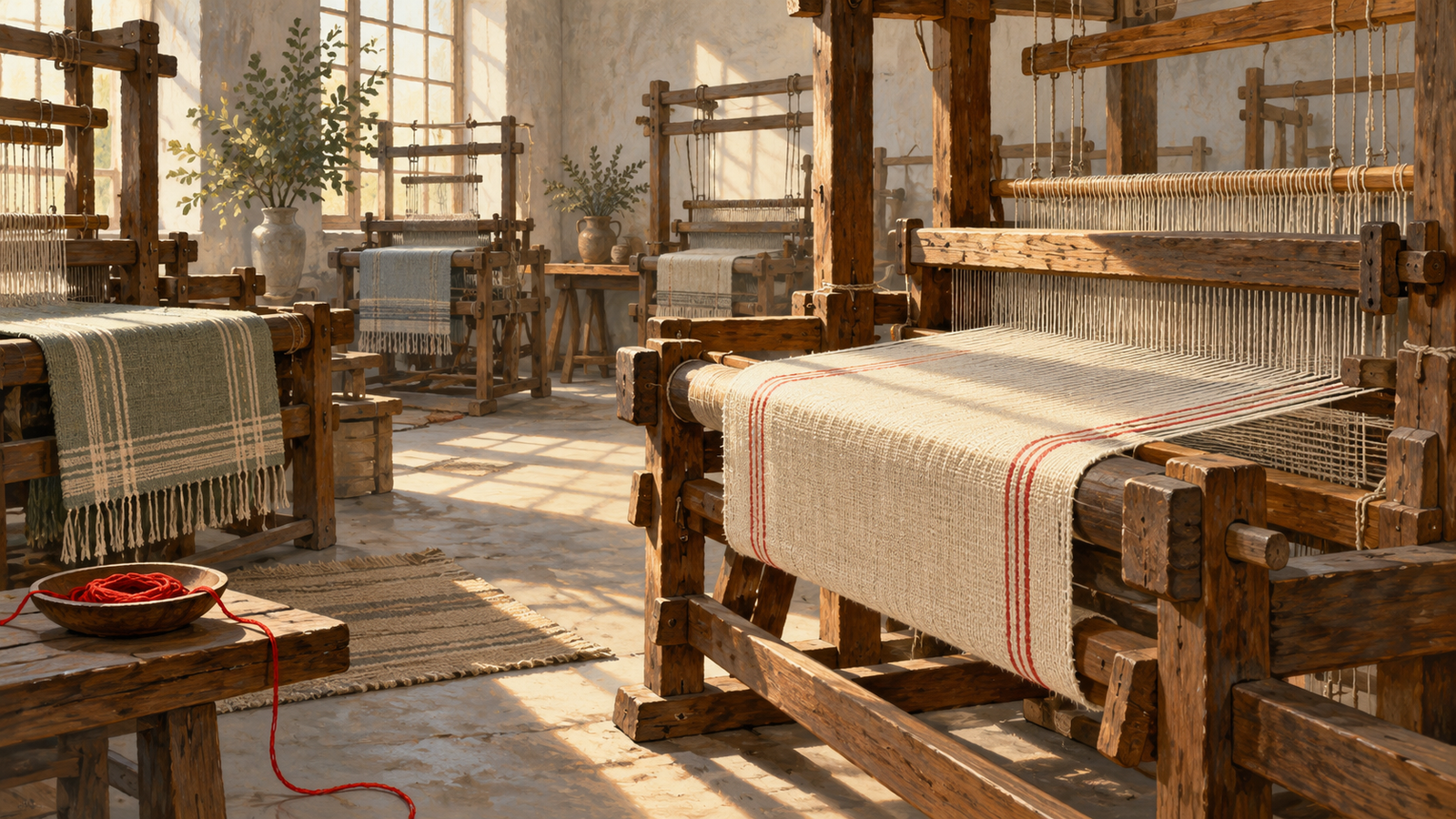 A still weaving loom continues to hold unfinished fabric under tension