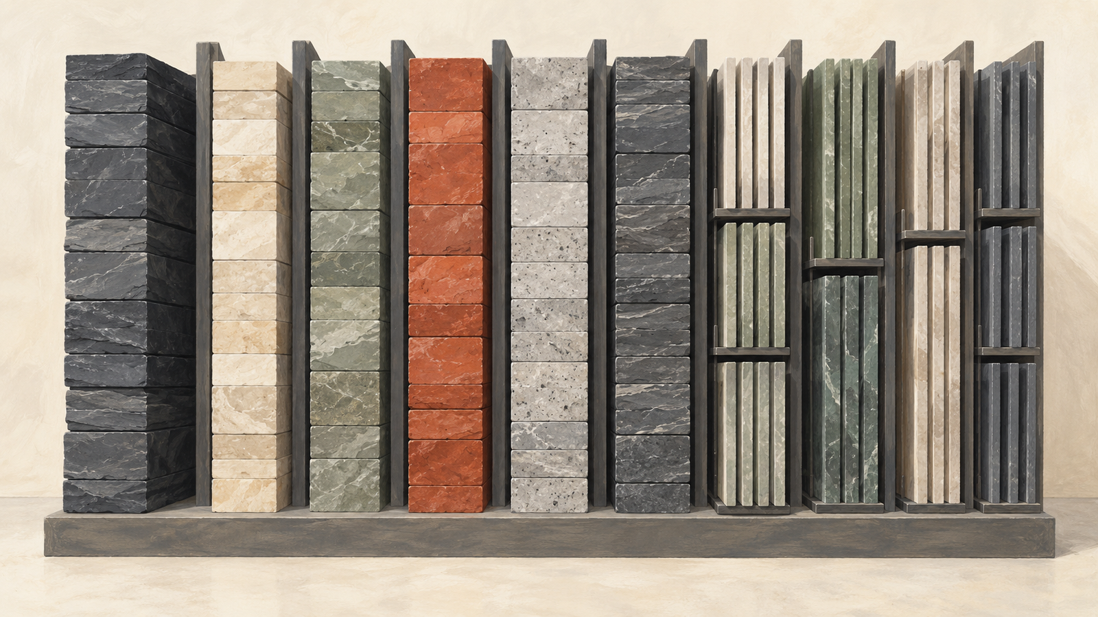 Different column structures are cataloged in a single orderly stone rack