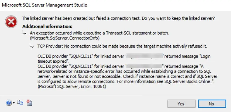 Linking server error in SQL Server Management Studio.