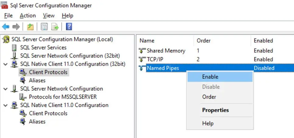 SQL named pipes settings.