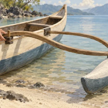 A canoe and its separate outrigger float with fitted support arms