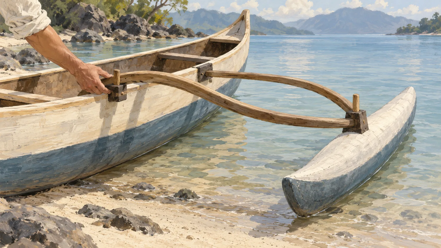 A canoe and its separate outrigger float with fitted support arms