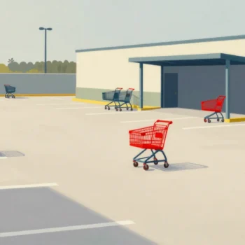 Shopping carts left all over a parking lot at dusk while the cart shelter stands empty