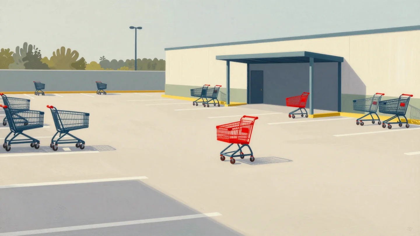 Shopping carts left all over a parking lot at dusk while the cart shelter stands empty
