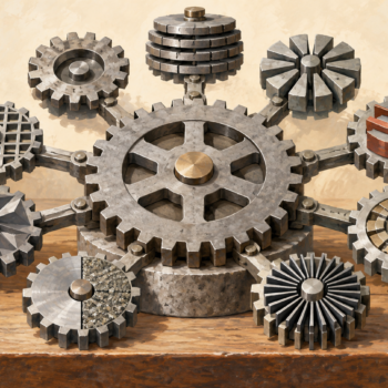 Different mechanical gear types surround one table-like central hub