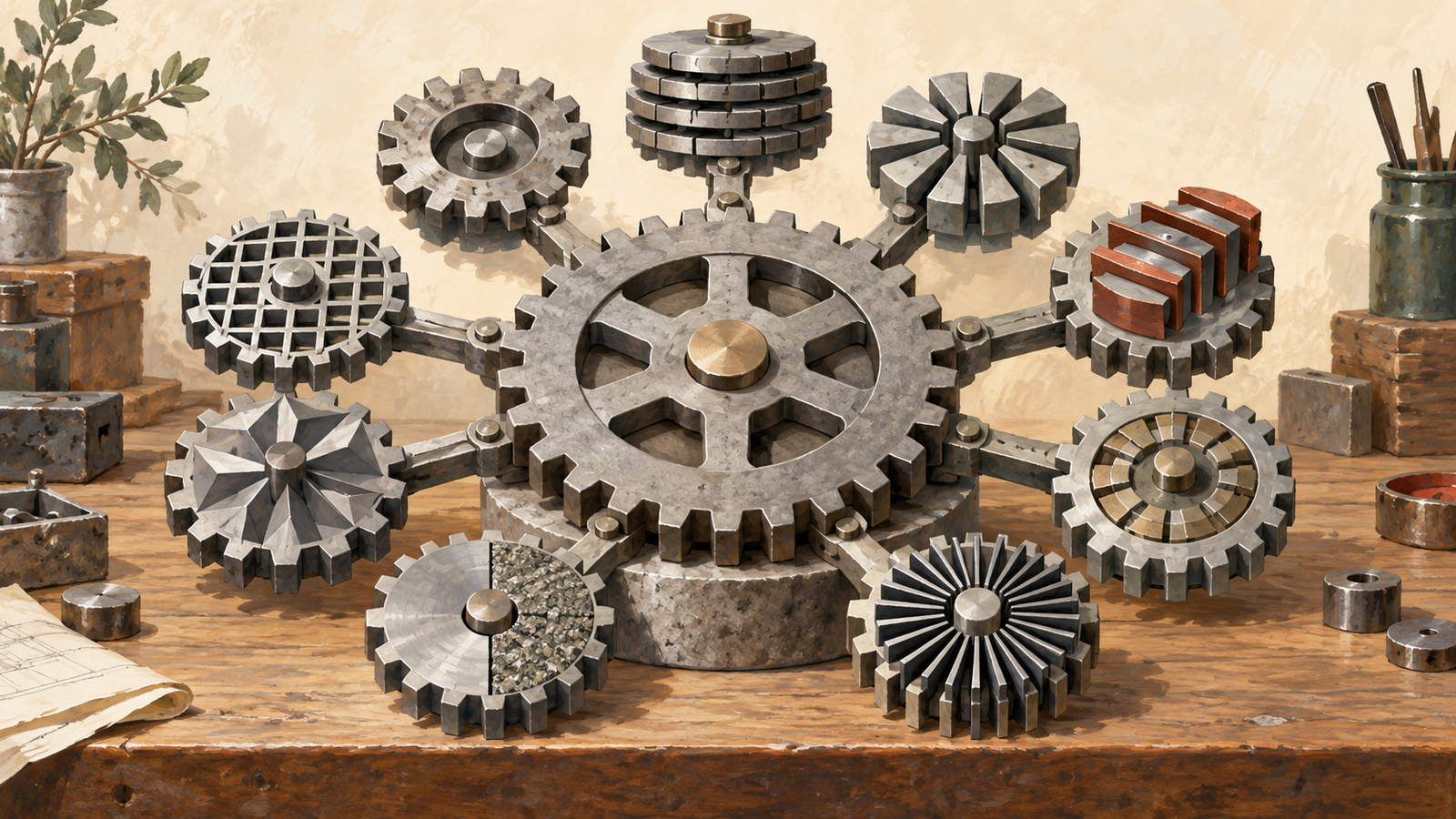 Different mechanical gear types surround one table-like central hub