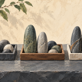 Each of three trays displays its two tallest stones ahead of shorter stones