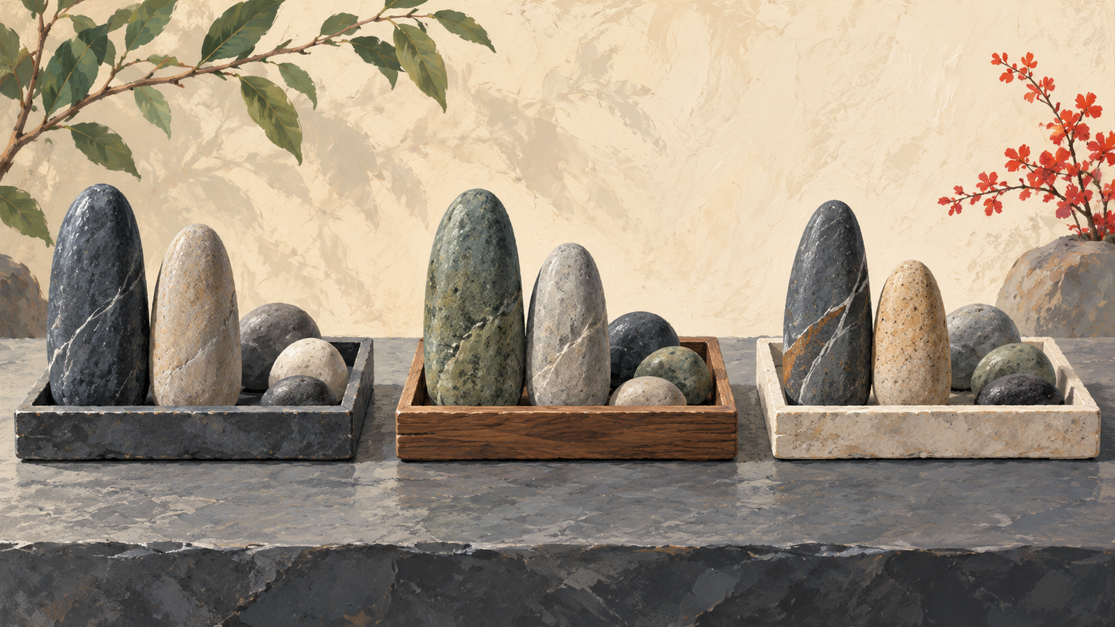 Each of three trays displays its two tallest stones ahead of shorter stones